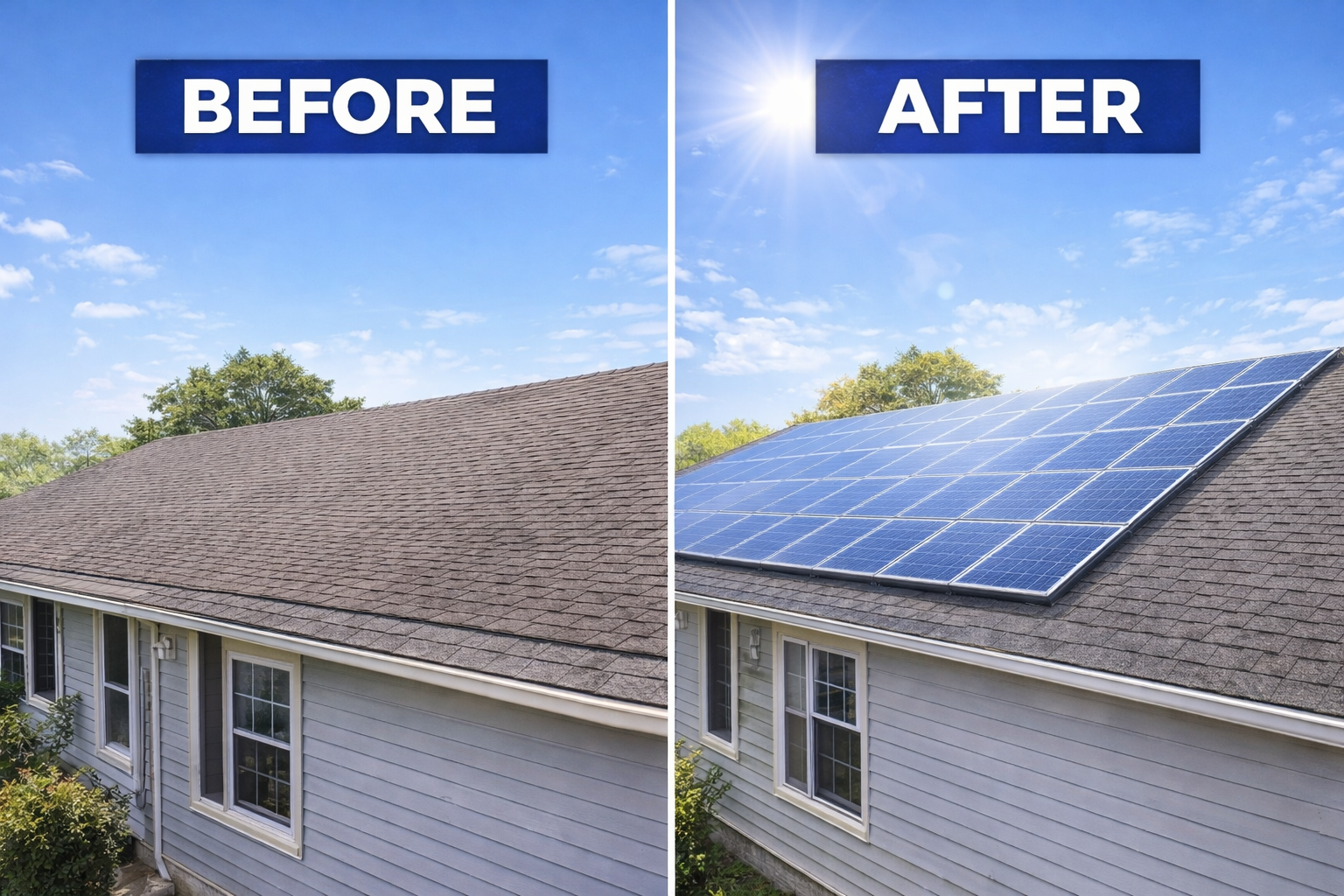 Before and after solar roof installation on a Connecticut home