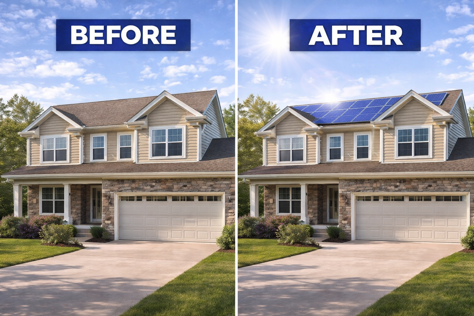 Before and after roof replacement with solar panels
