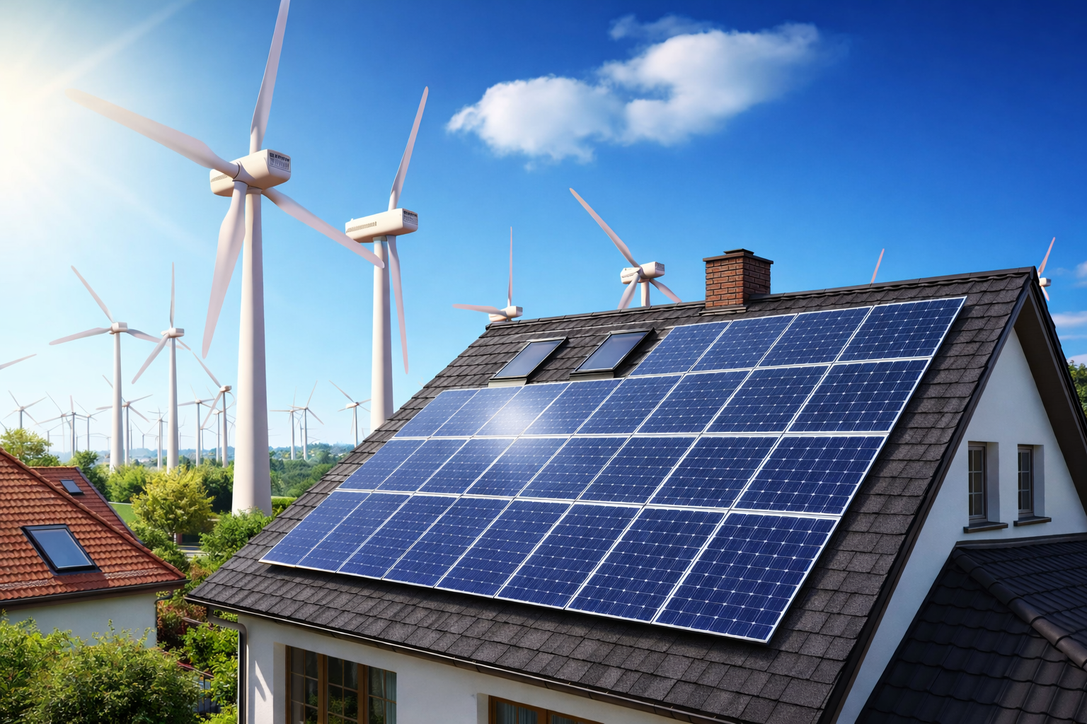Solar panels on a Connecticut home roof with clean energy landscape